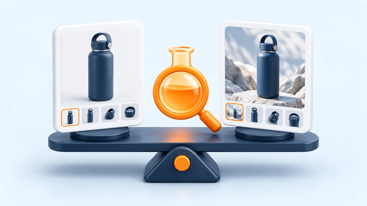 Two product presentations beside scales illustrating content experiments.