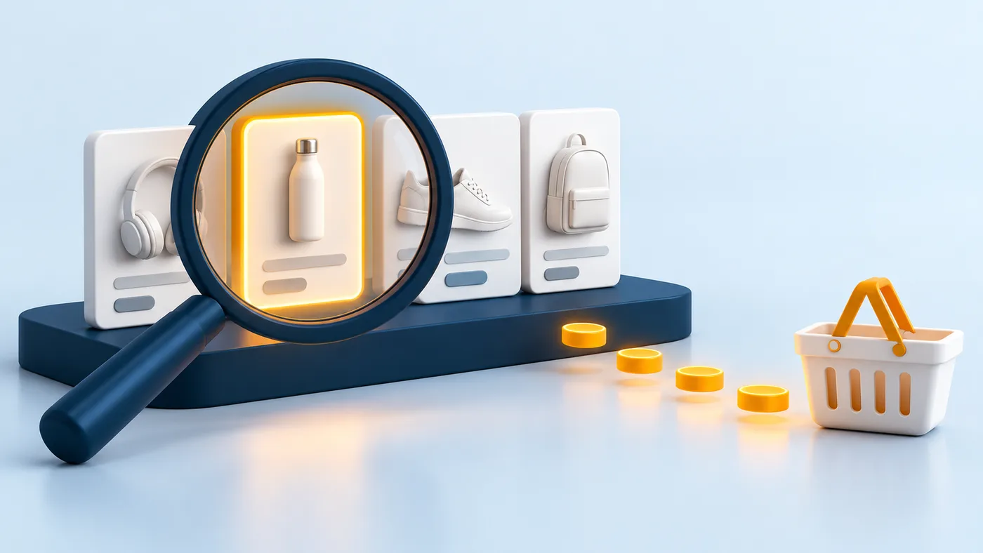 Lupe prüft Produktkarten; orange Markierungen führen zum Warenkorb als Symbol für Suchanfragenanalyse.
