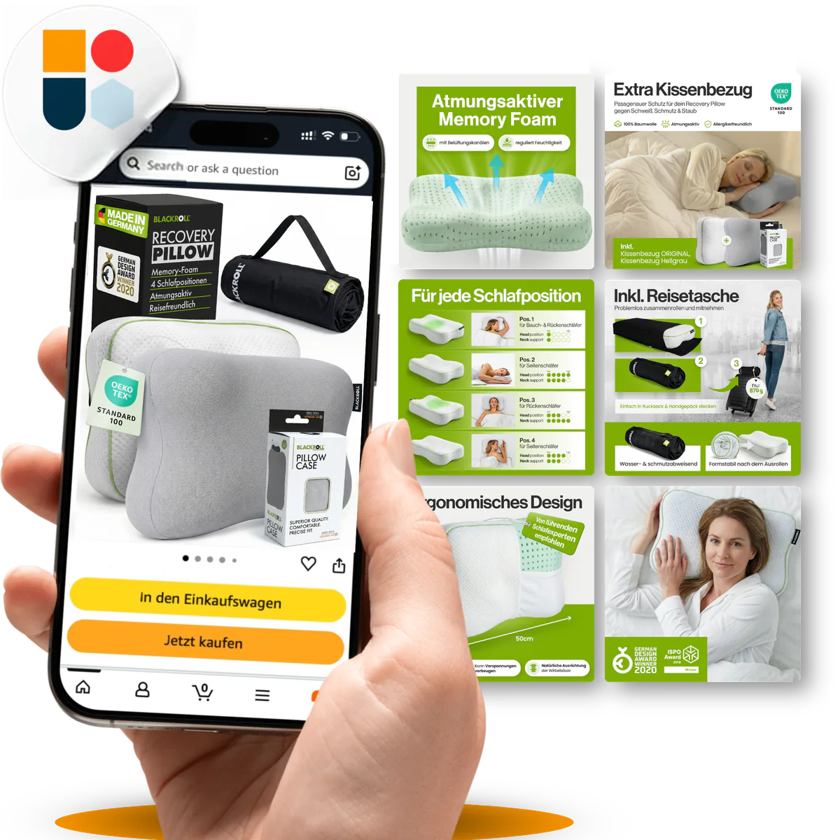 A product page on a phone held in one hand, with six listing images showing product benefits beside it