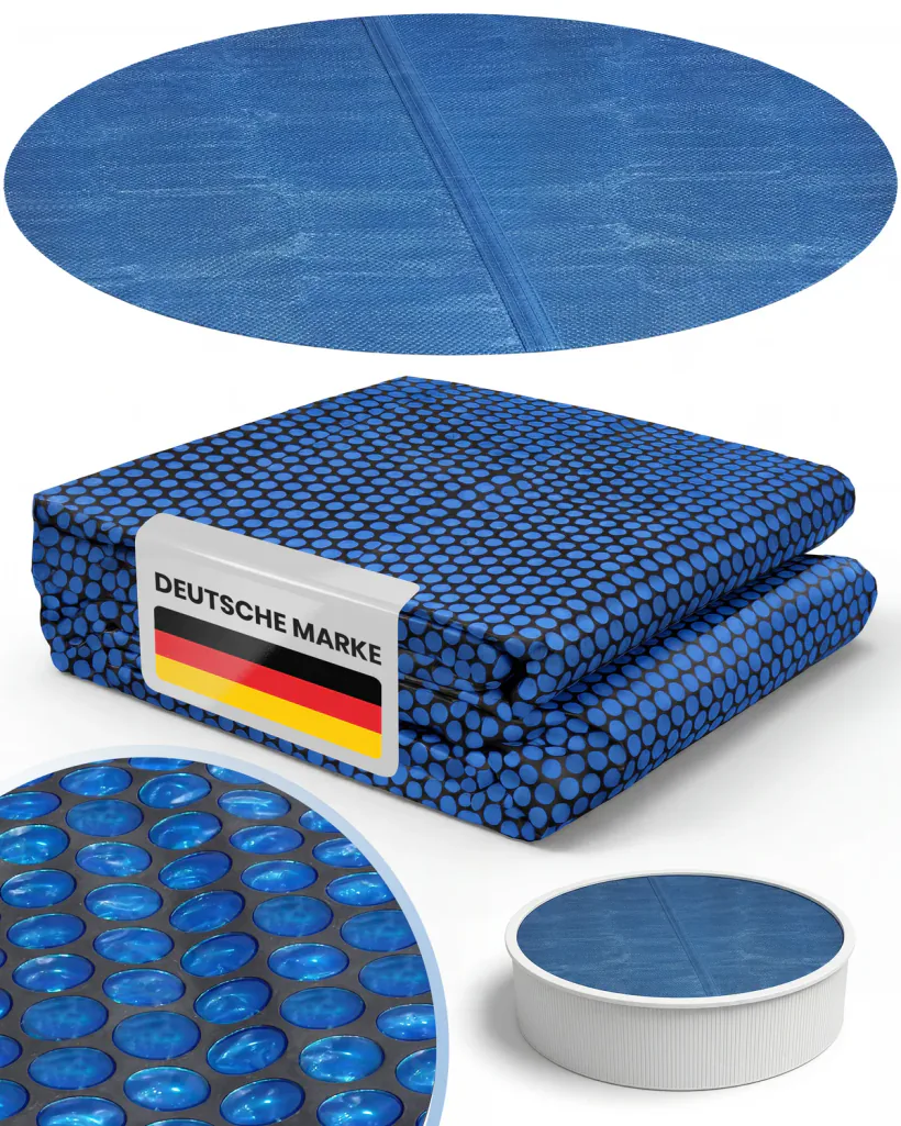 Main image: the pool cover cut out, folded and laid out