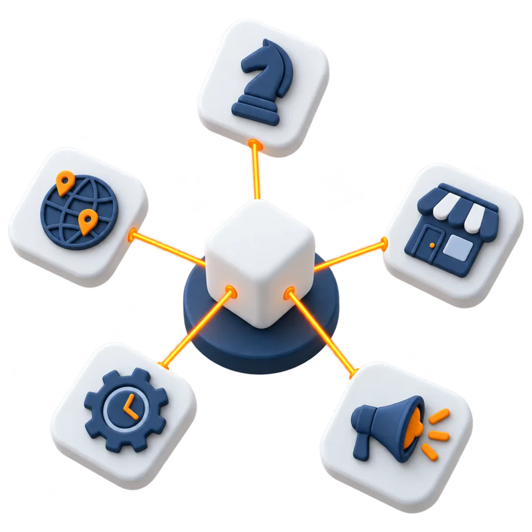 Five areas sit in a ring around a shared center, each connected to it.
